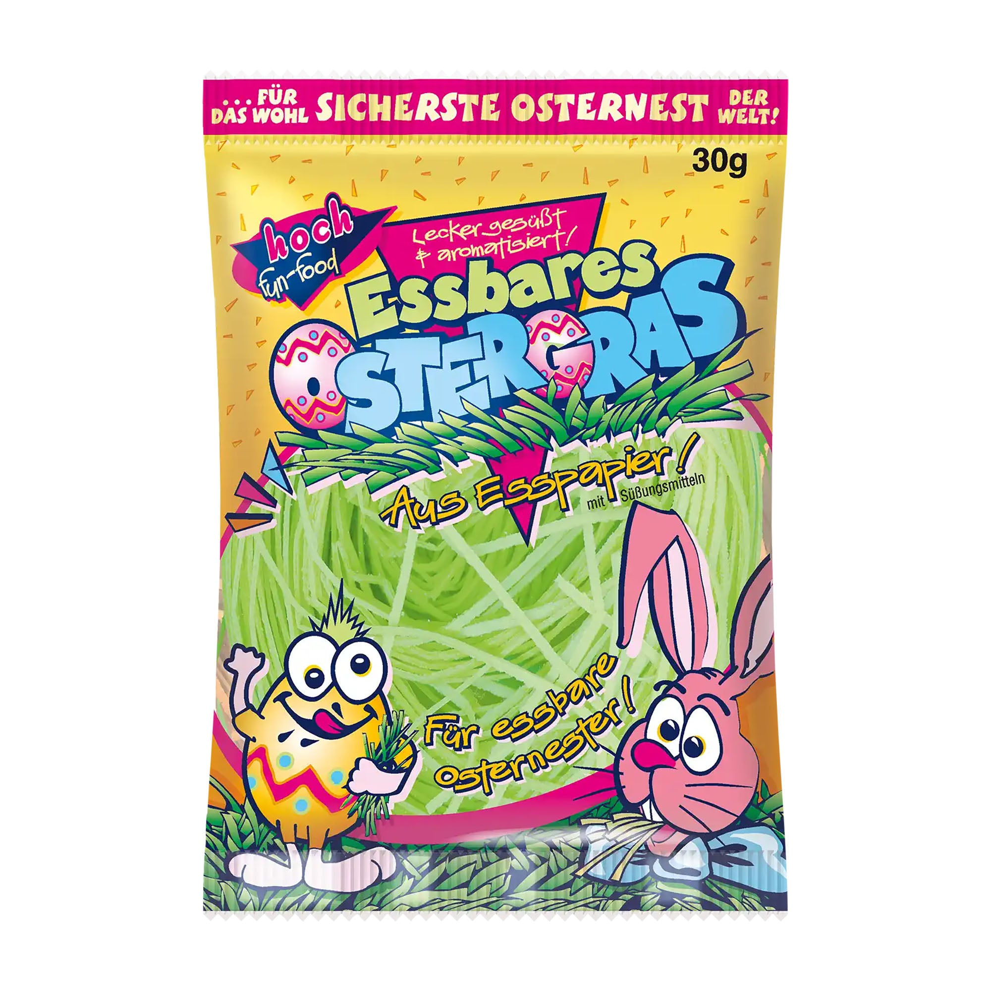 Packaging of Hoch edible Easter grass with cartoon characters on a white background