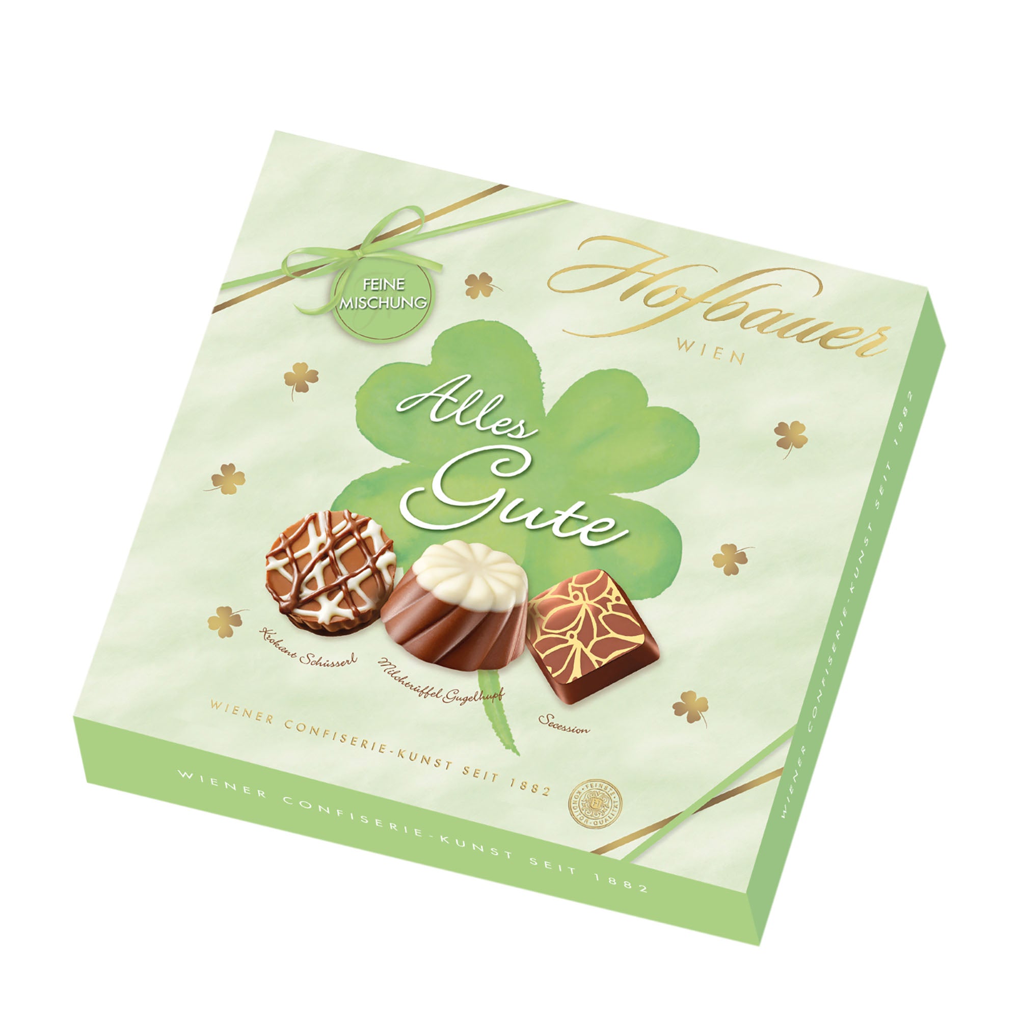 Hofbauer "Best Wishes" pralines box with 'Alles Gute' text and three chocolates on a white background