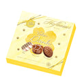 Yellow gift box of "Thank You" pralines with 'Hofbauer Wien' branding and illustrations of chocolates on a white background.