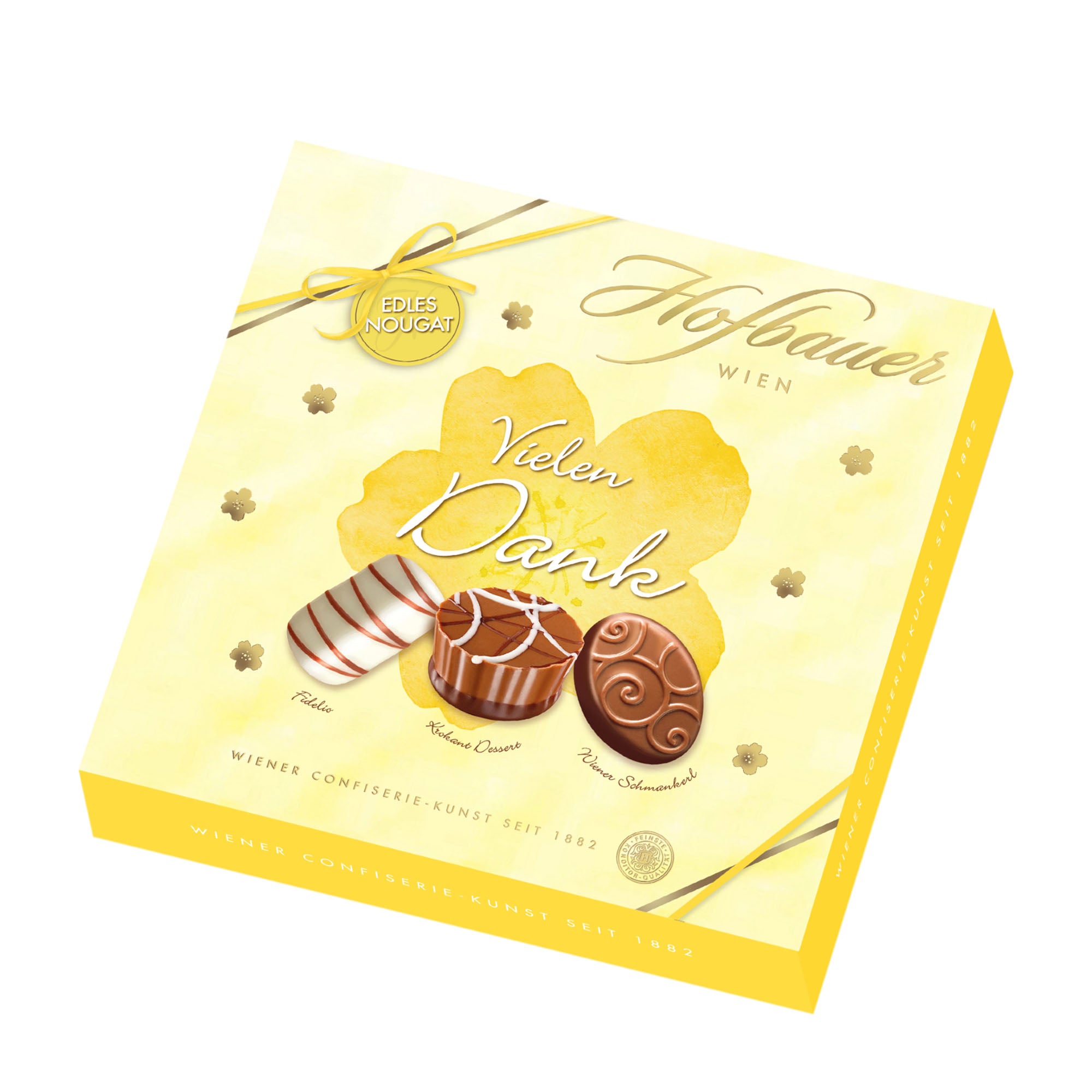 Yellow gift box of "Thank You" pralines with 'Hofbauer Wien' branding and illustrations of chocolates on a white background.