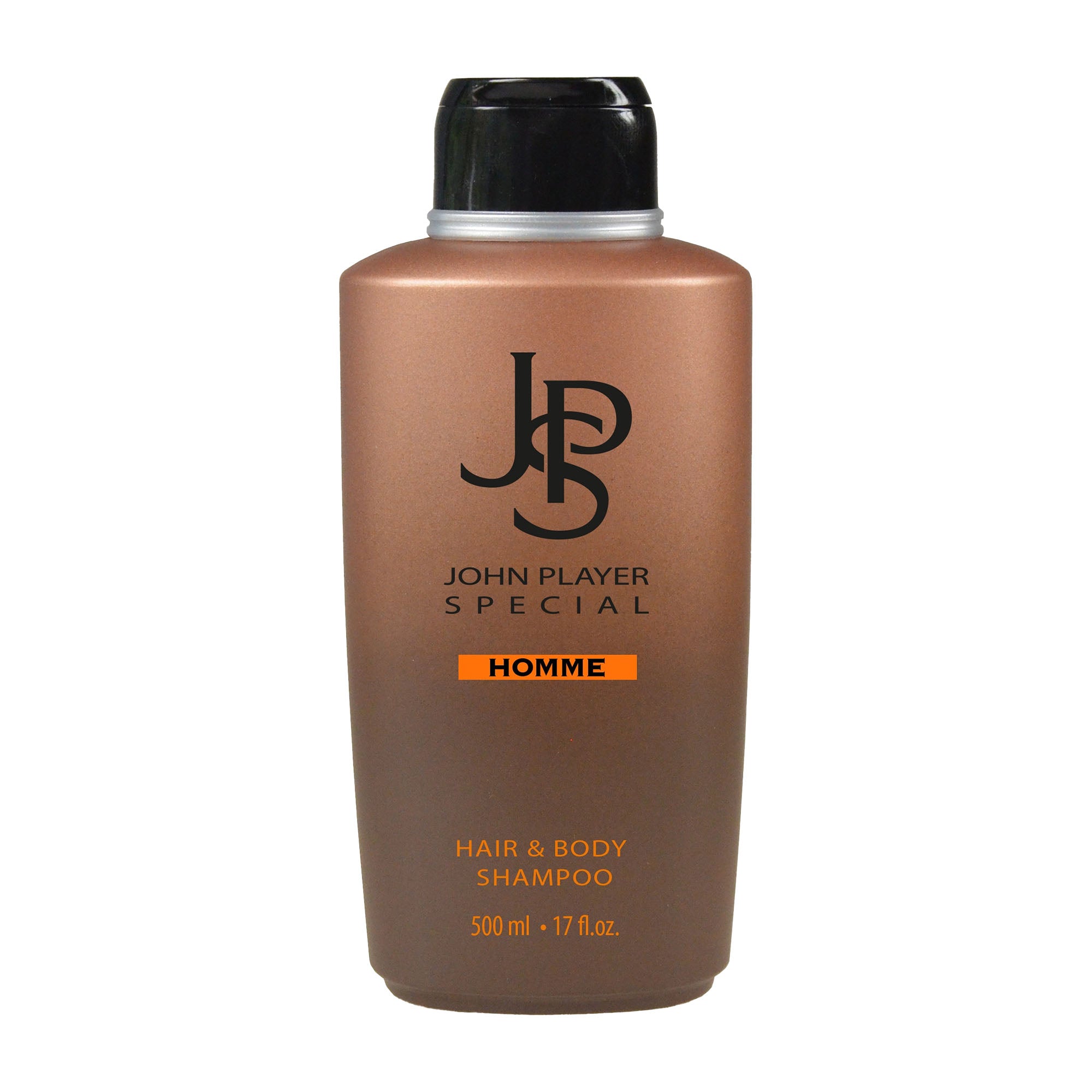 A bottle of John Player Special Homme hair and body shampoo with a capacity of 500 mL. The bottle is predominantly brown with white and orange text displaying the brand and product name.