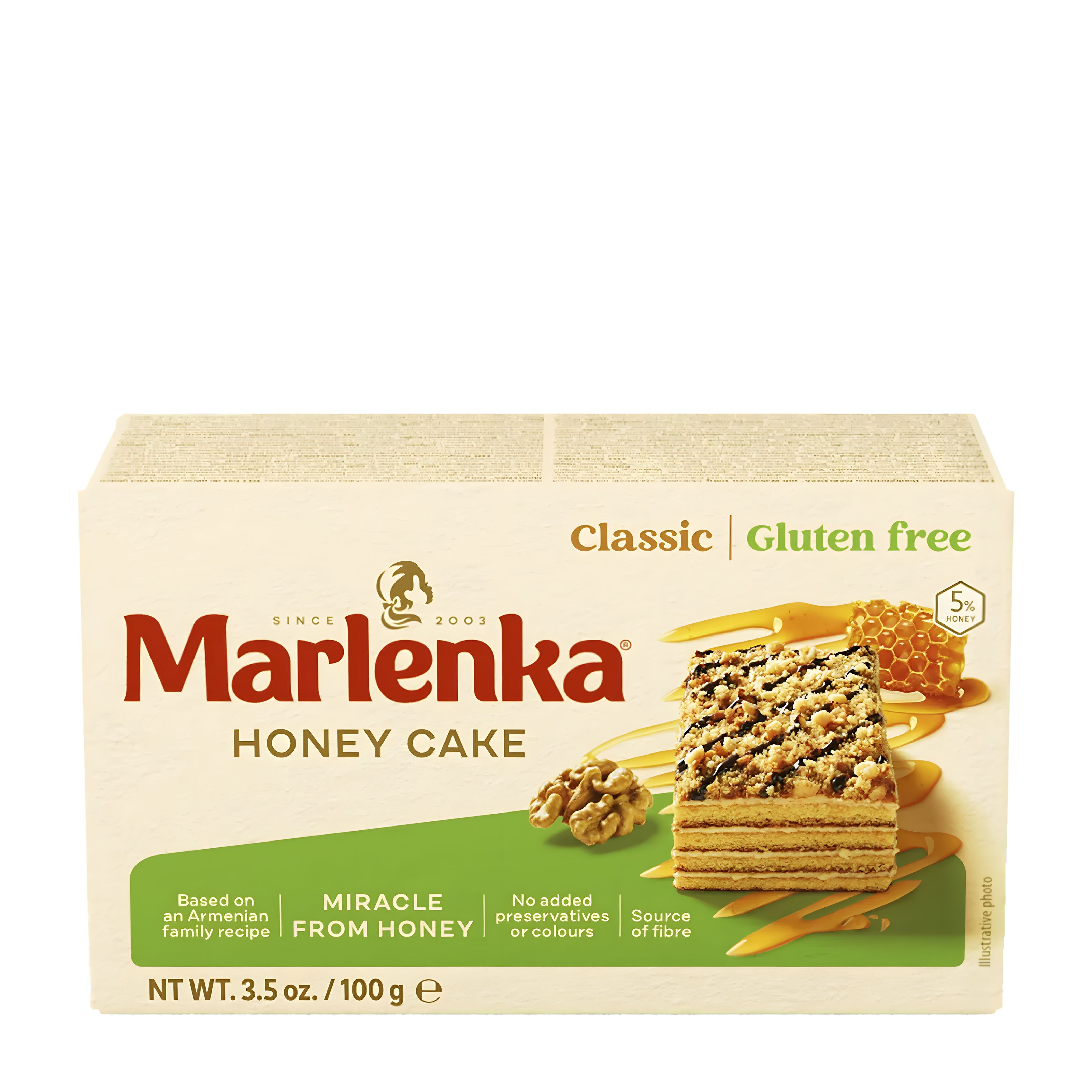 Marlenka Classic Gluten-free honey cake packaging on a white background