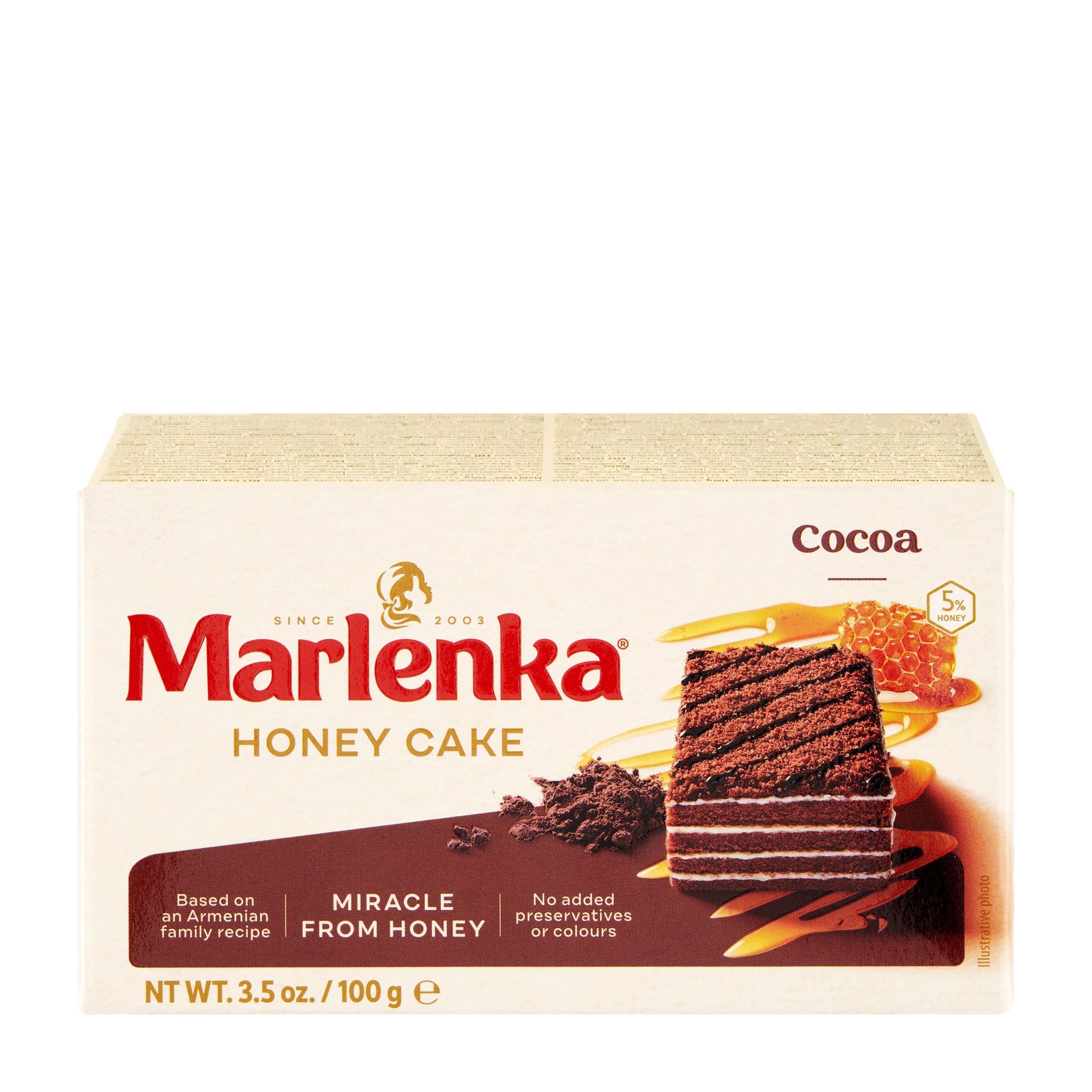 Marlenka Cocoa Honey Cake packaging with cocoa flavor on a white background
