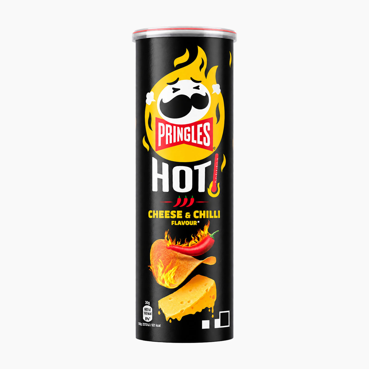 A single can of Pringles Hot Cheese & Chilli flavour crisps on a plain light gray background. The can is predominantly black with a yellow Pringles logo, red and yellow flame graphics, and illustrations of a potato chip and chili pepper.