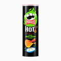 A single can of Pringles Hot Kickin Sour Cream Flavour potato chips on a plain white background.