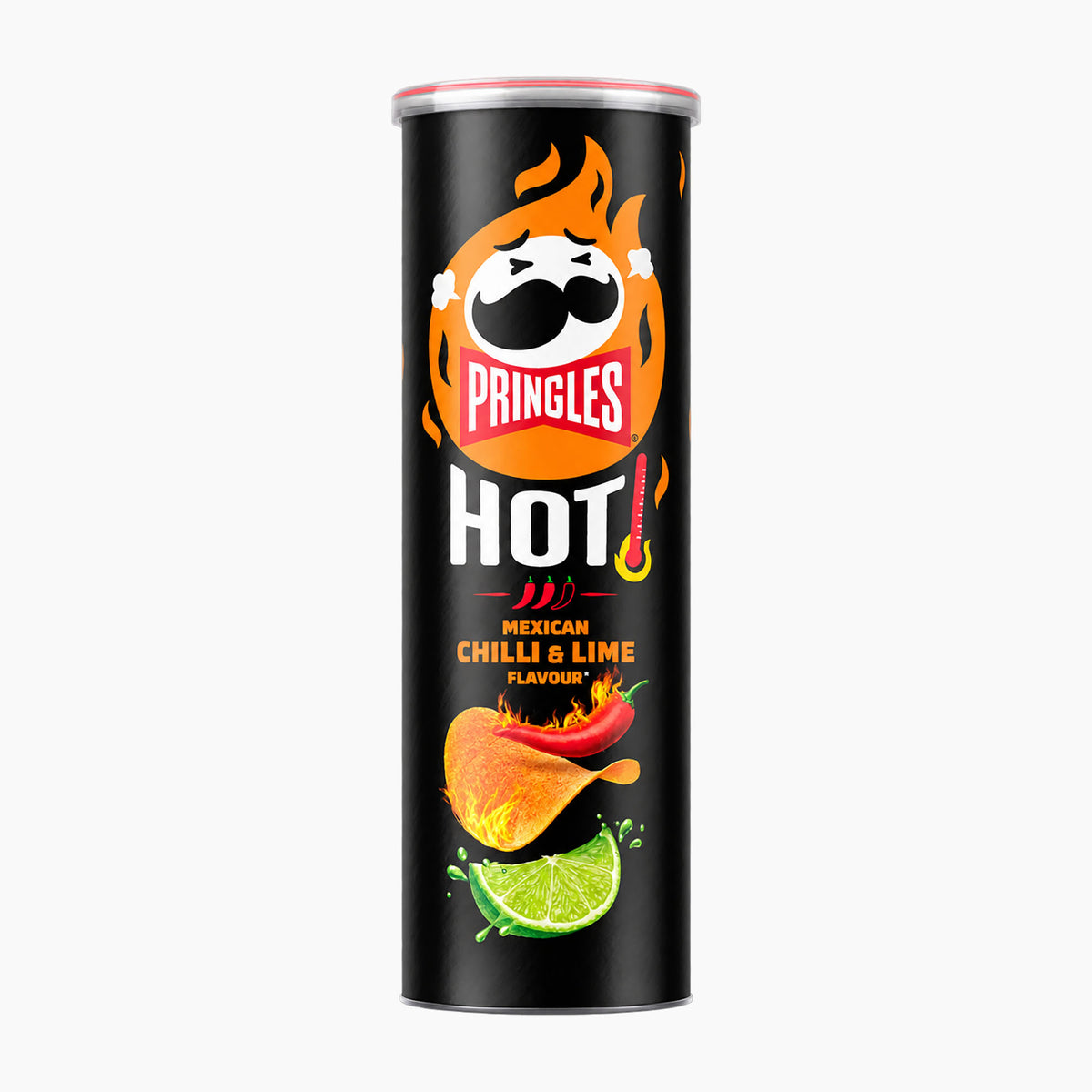 A can of Pringles Hot Mexican Chilli & Lime flavour potato chips on a plain white background.