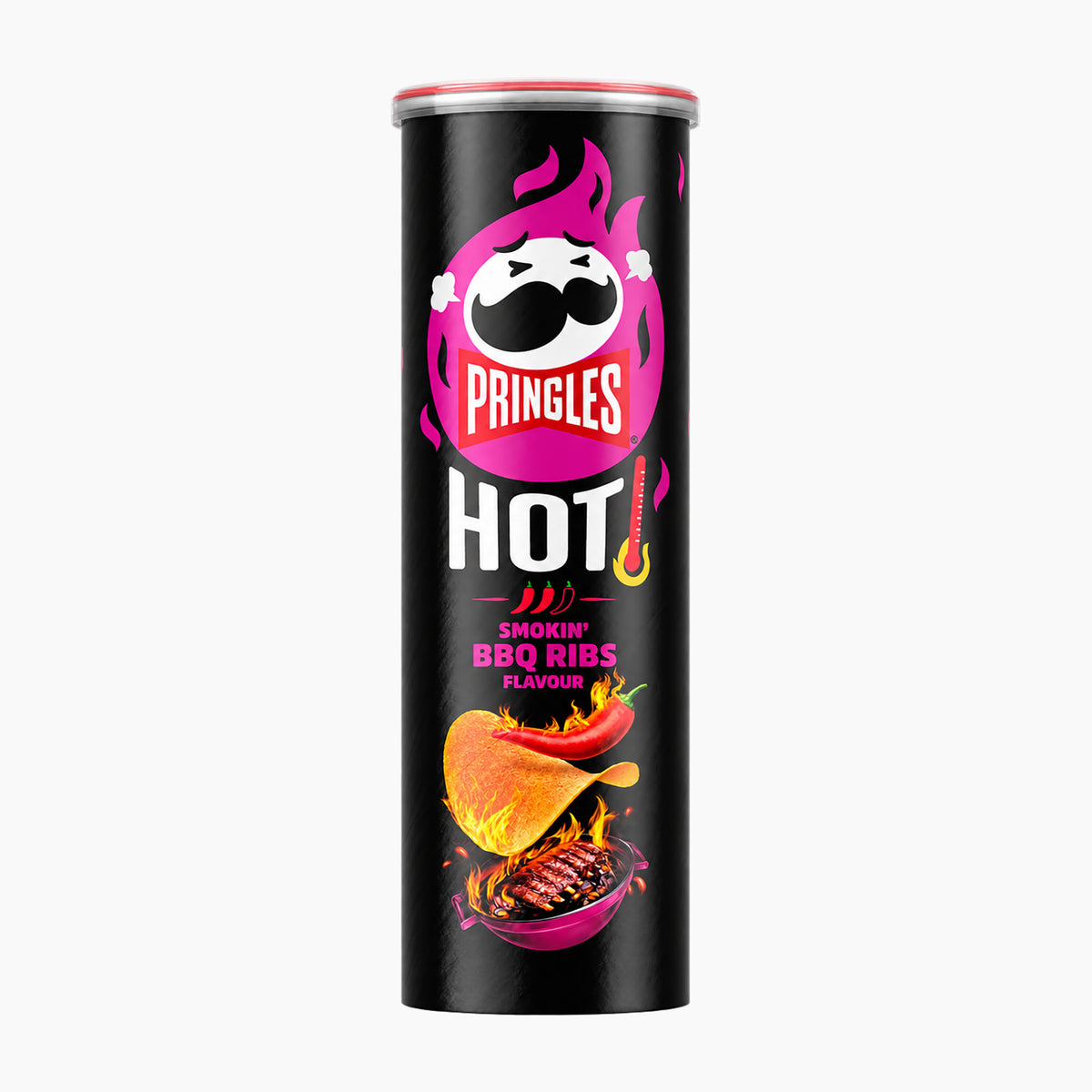 A single can of Pringles Hot Smokin' BBQ Ribs potato chips on a plain white background. The can is black with a red lid, featuring the iconic red Pringles logo, a red chili pepper, and a graphic of grilled chips and sauce.