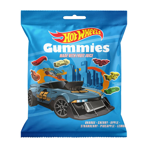 Hot Wheels Gummies packaging with a blue background and car illustration.