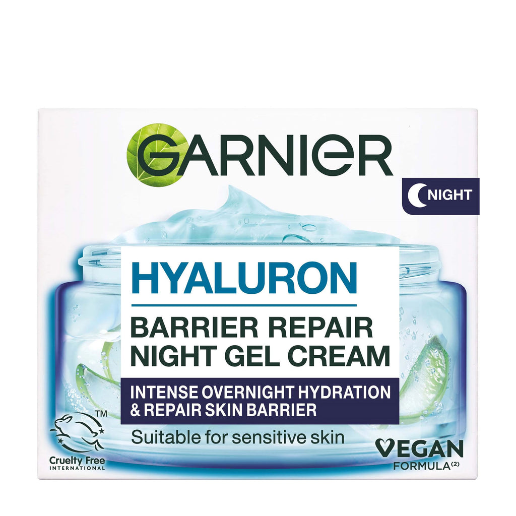 Box of Garnier Hyaluron Barrier Repair Night Gel Cream on a white background.