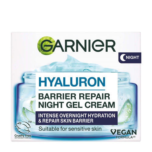Box of Garnier Hyaluron Barrier Repair Night Gel Cream on a white background.