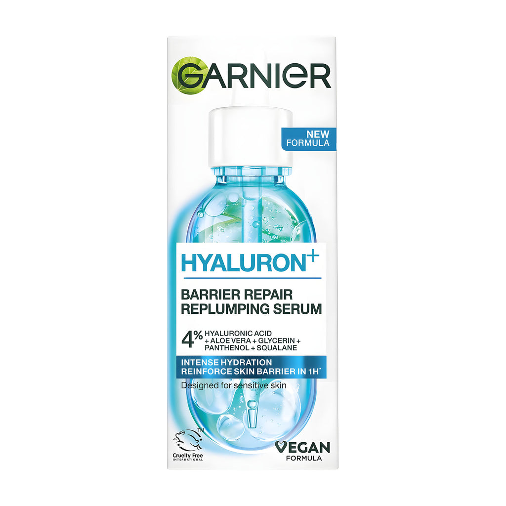 Box of Garnier Hyaluron+ Barrier Repair Replumping Serum on a white background.