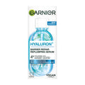Box of Garnier Hyaluron+ Barrier Repair Replumping Serum on a white background.