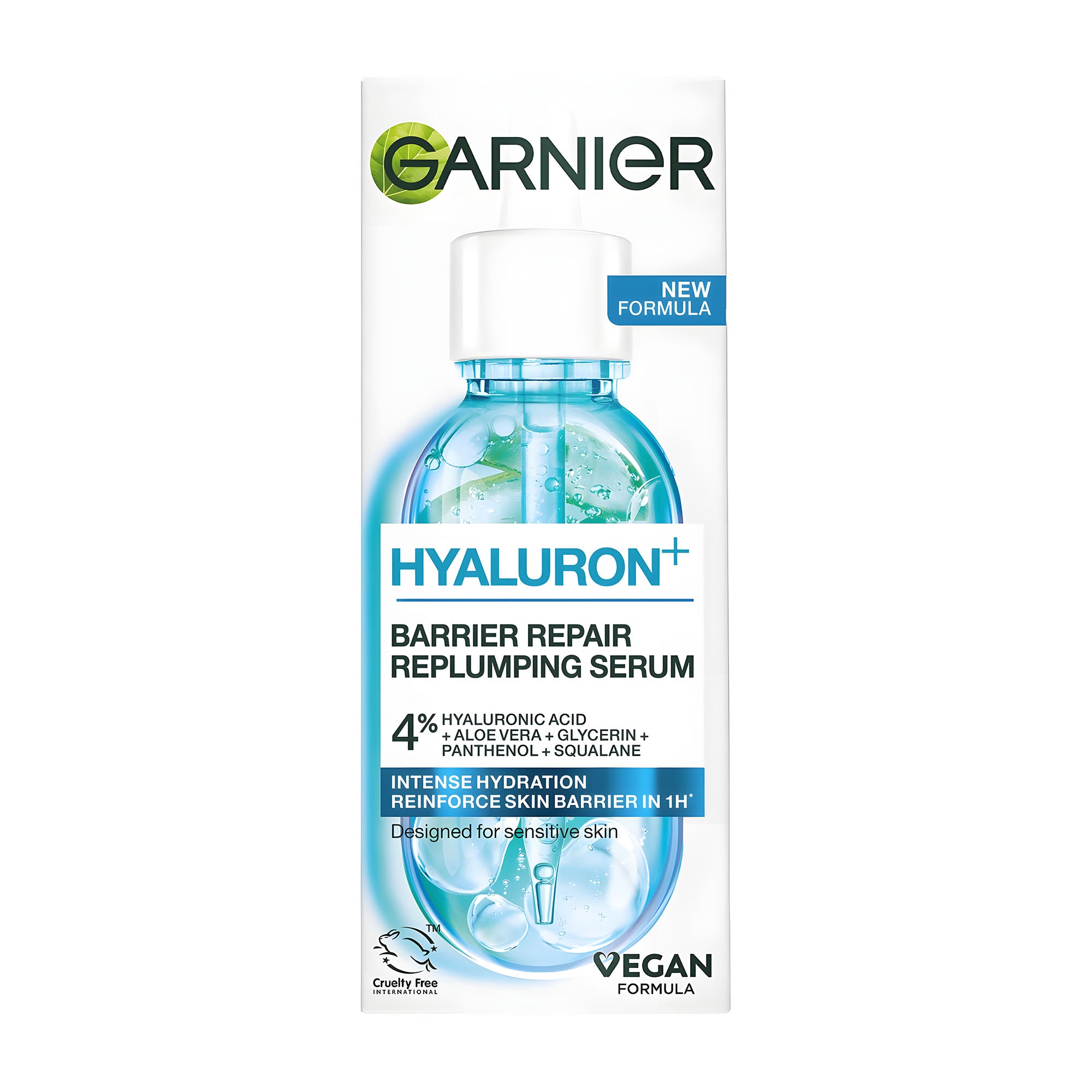 Box of Garnier Hyaluron+ Barrier Repair Replumping Serum on a white background.