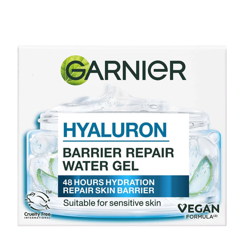 Box of Garnier Hyaluron Barrier Repair Water Gel on a white background
