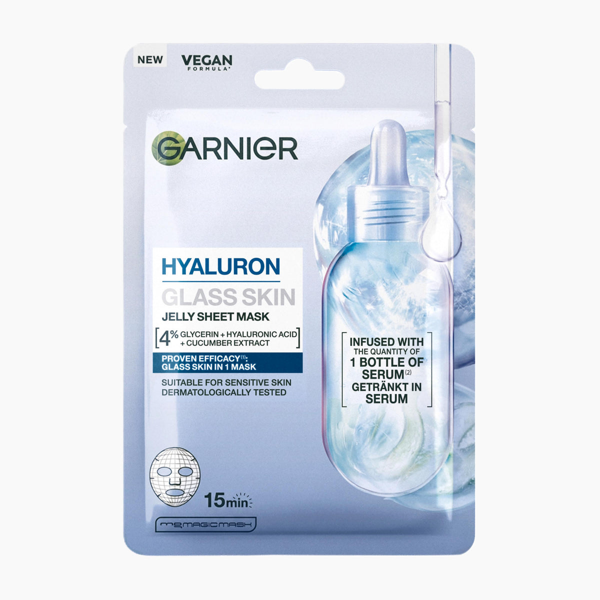Garnier Hyaluron Glass Skin Jelly Sheet Mask in its retail packaging, featuring a blue and white design with a graphic of a glass dropper bottle.