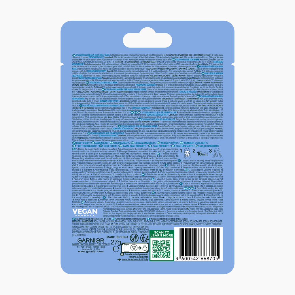 GARNIER Mascarilla de Tejido de Gelatina HYALURON Glass Skin, 1 unidad