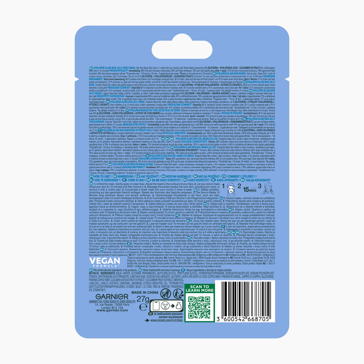 GARNIER Mascarilla de Tejido de Gelatina HYALURON Glass Skin, 1 unidad