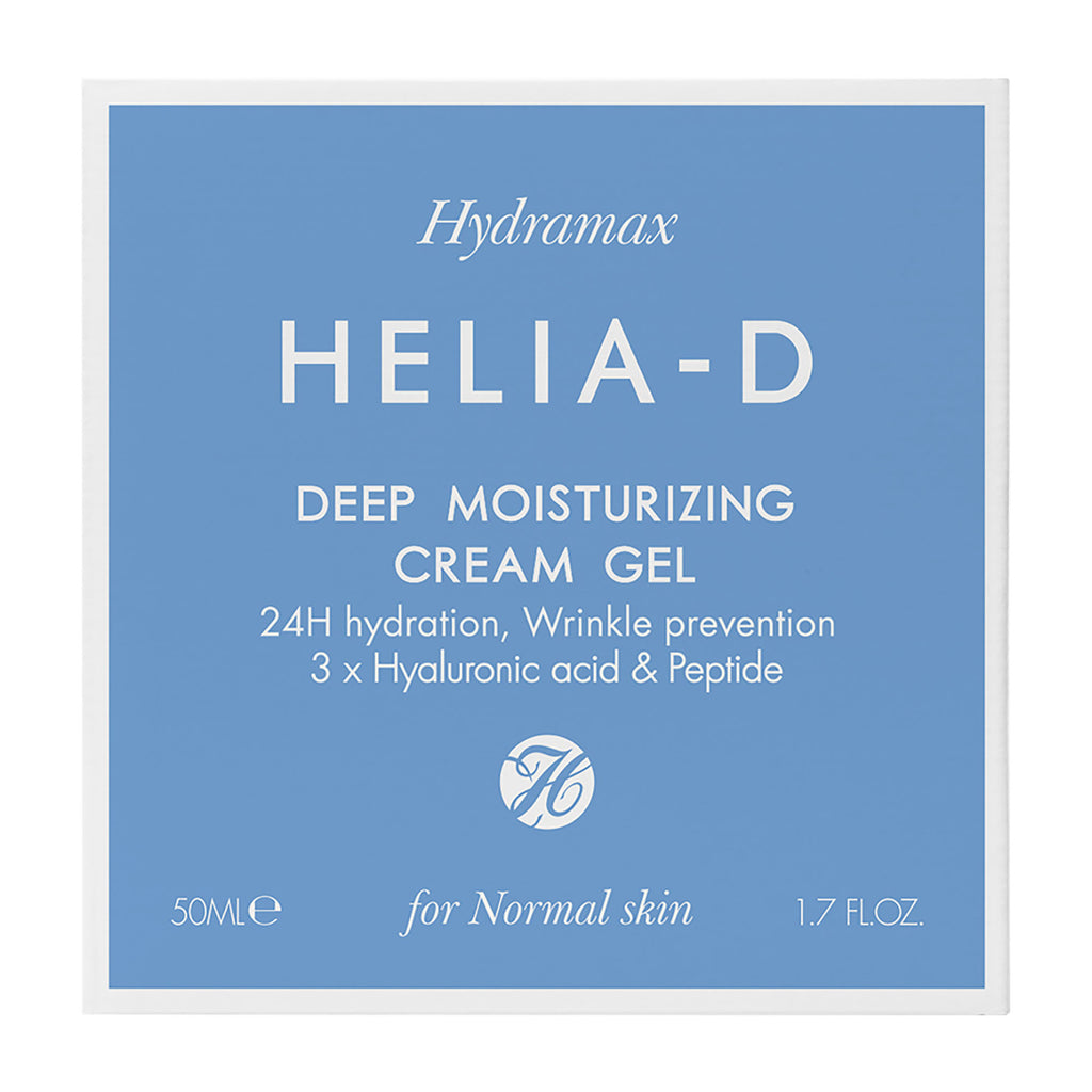 Helia-D deep moisturizing cream gel packaging with blue background and white text.