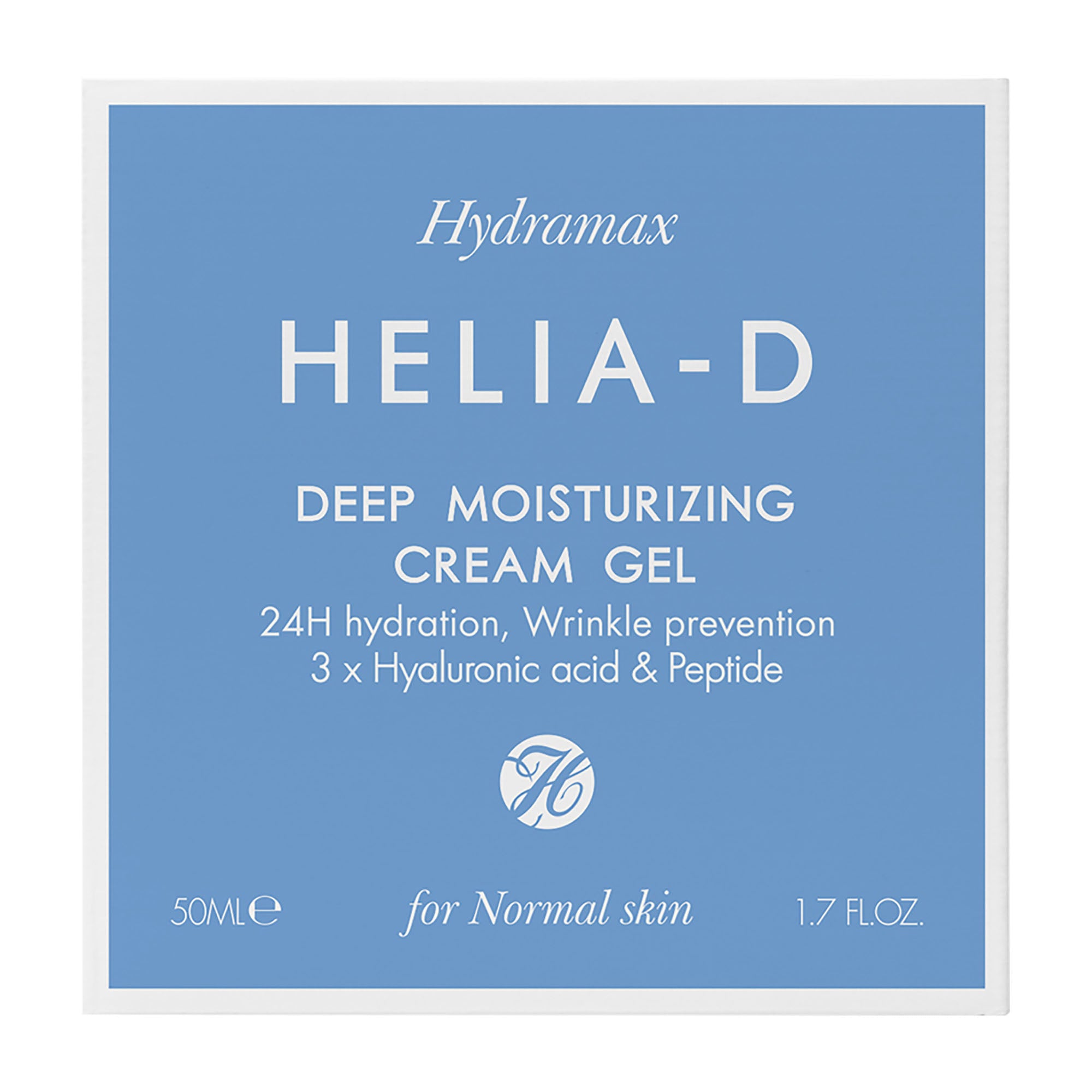 Helia-D deep moisturizing cream gel packaging with blue background and white text.