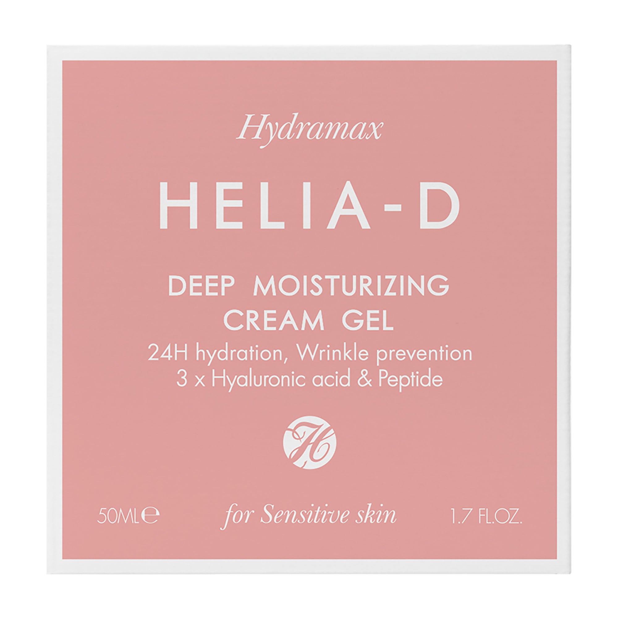 Product packaging of Hydramax HELIA-D Deep Moisturizing Cream Gel on a pink background