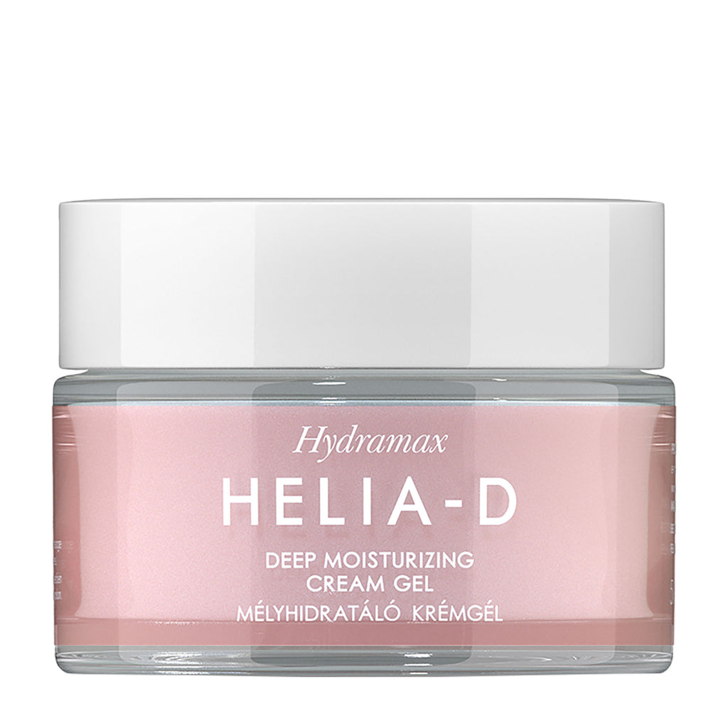 Jar of Helia-D deep moisturizing cream gel with pink content and white lid on a white background