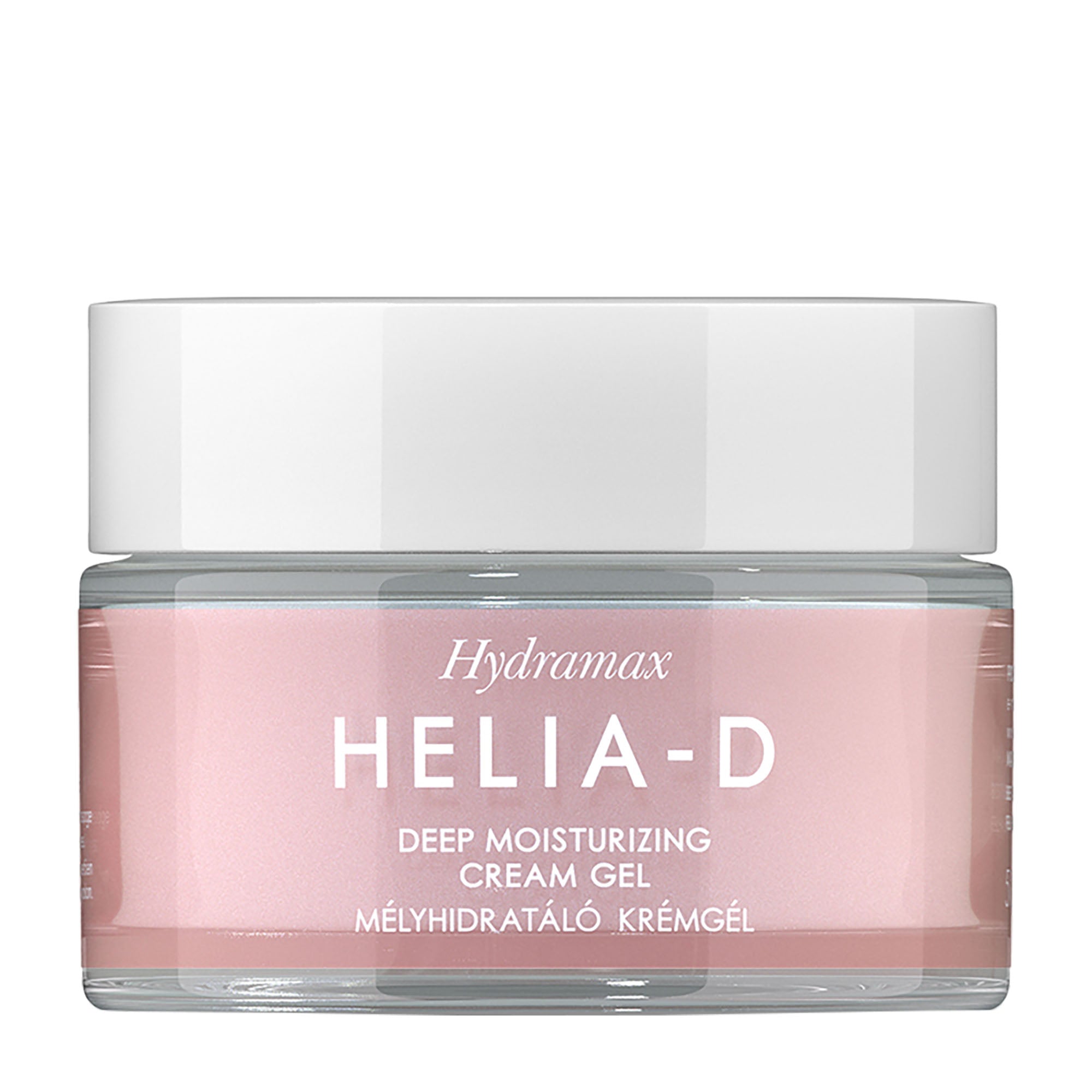 Jar of Helia-D deep moisturizing cream gel with pink content and white lid on a white background