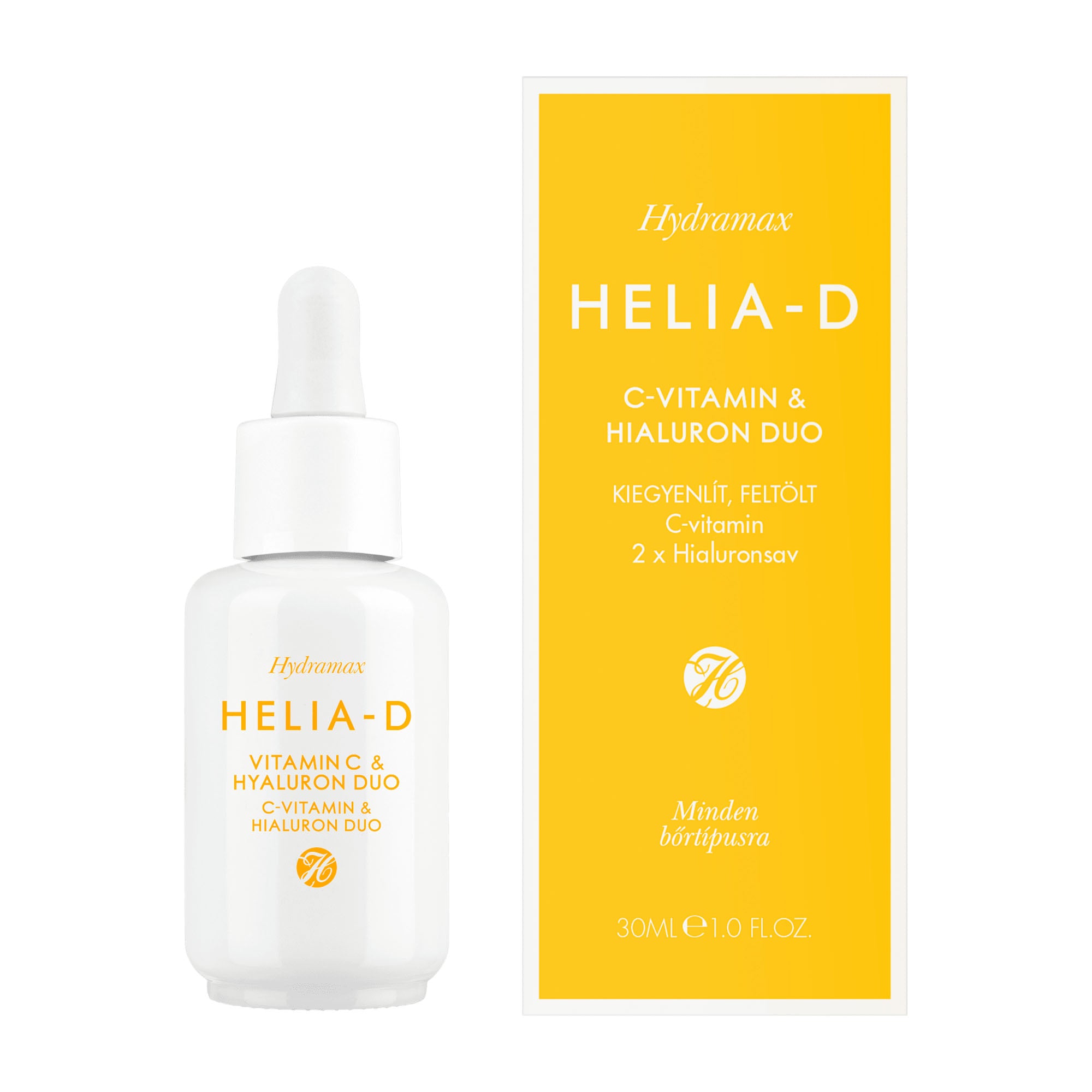 Helia-D skincare serum bottle with yellow packaging on a white background
