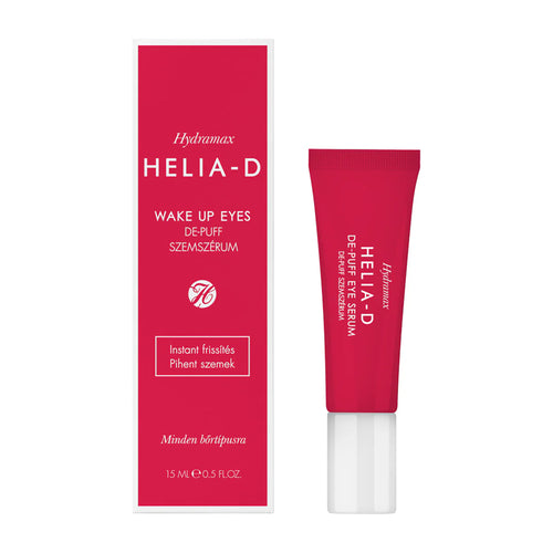 Helia-D Hydramax Wake Up Eyes De-Puff eye serum packaging with red tube and box on a white background