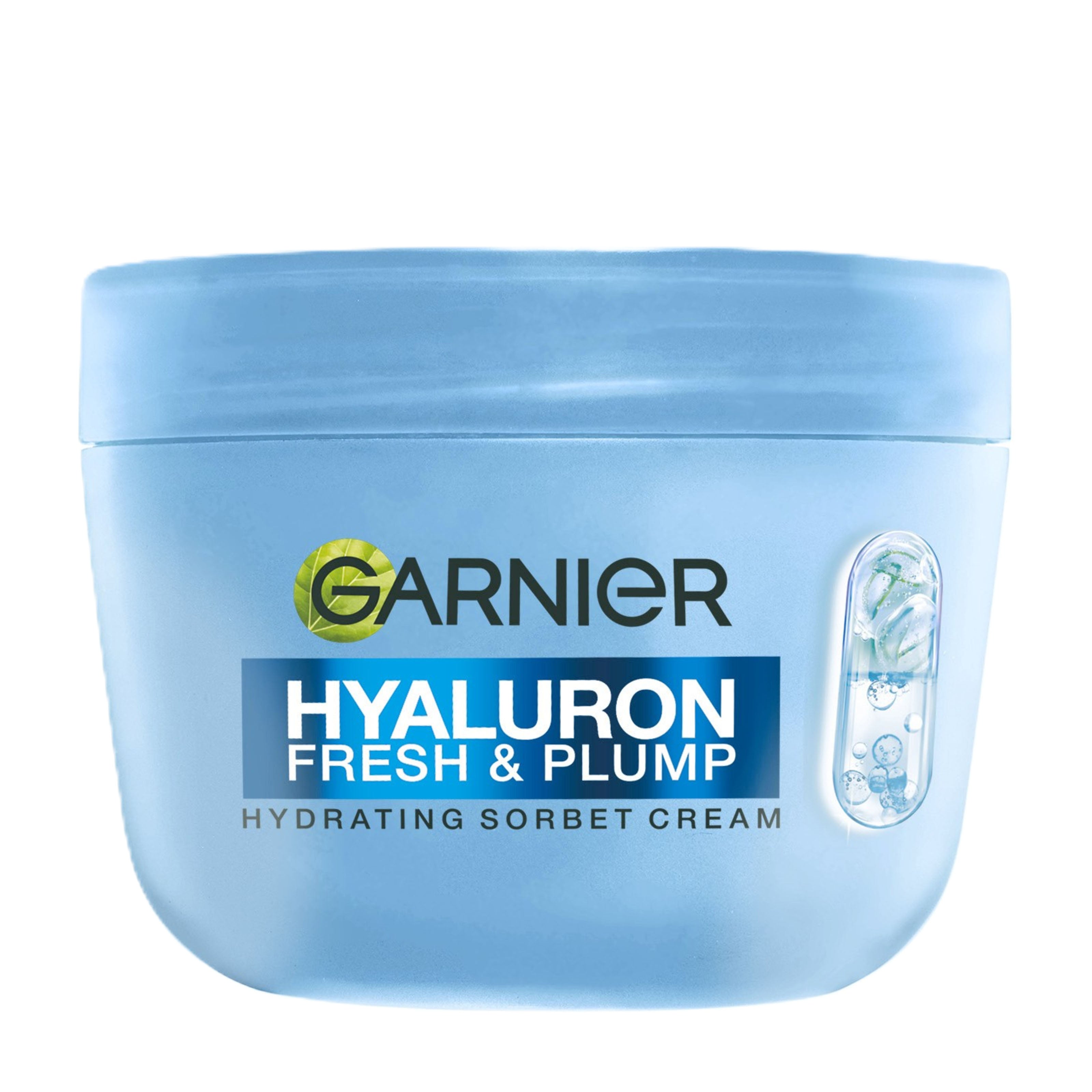 Garnier Hyaluron Fresh & Plump hydrating sorbet cream jar on a white background