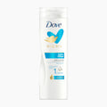 A white bottle of Dove Body Love Hydro Pflege Care body lotion, featuring blue and gold branding on a clean white background.