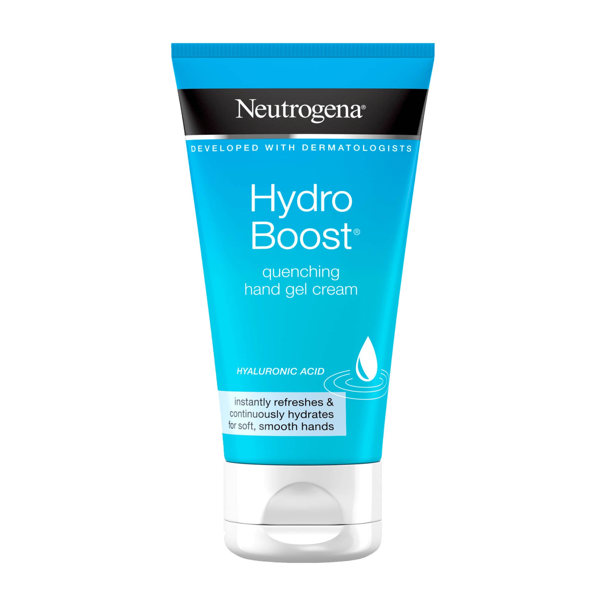 Neutrogena Hydro Boost hand gel cream in a blue tube with white and dermatologist developed text.