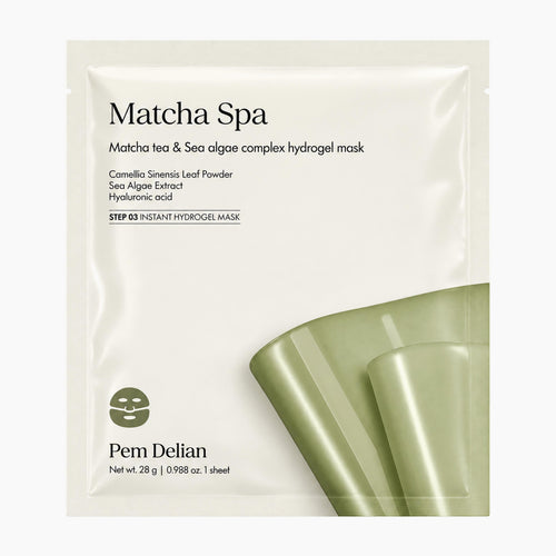 Pem Delian Matcha Spa hydrogel mask packaging on a light gray background.