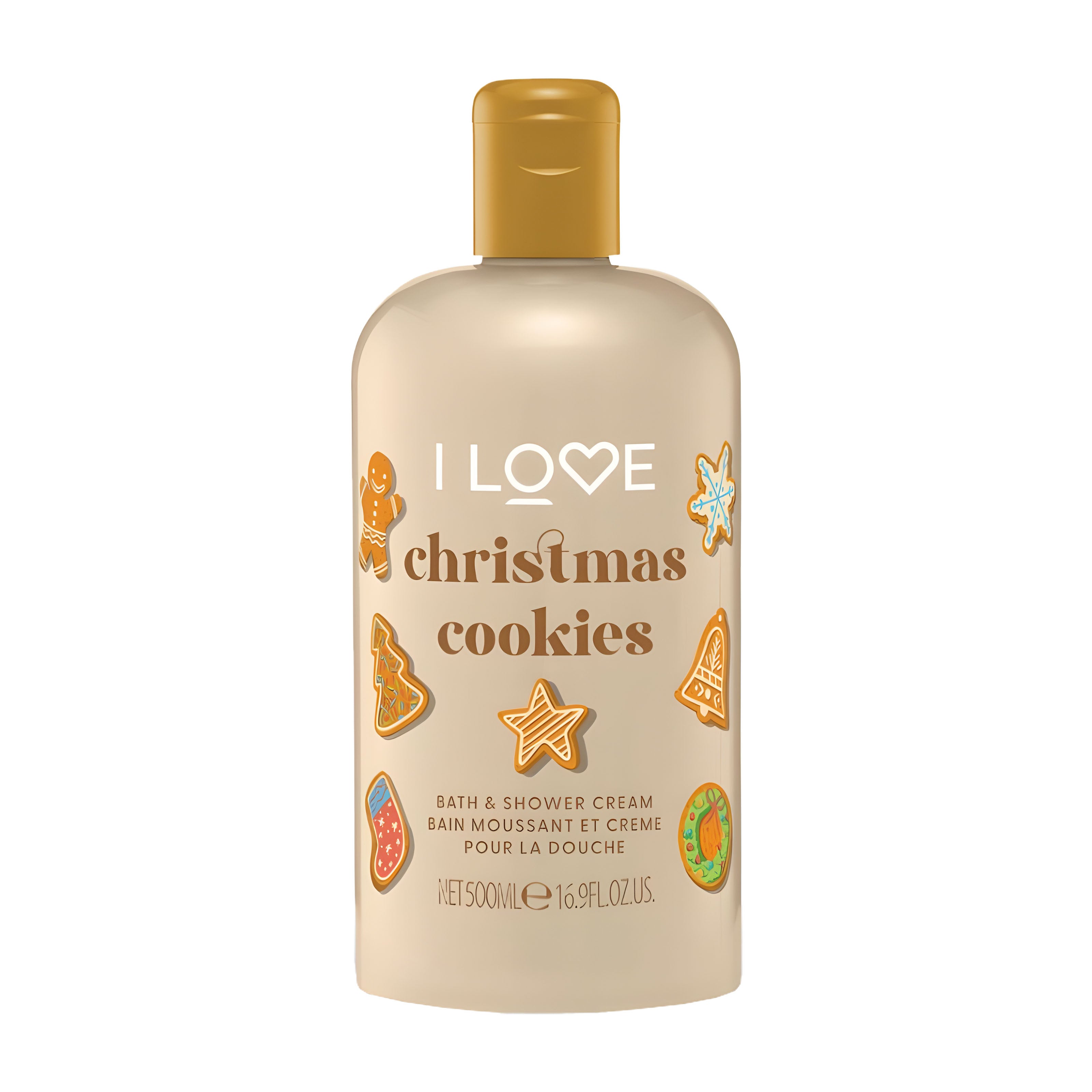 I LOVE Christmas Cookies Bath and shower cream bottle on a white background