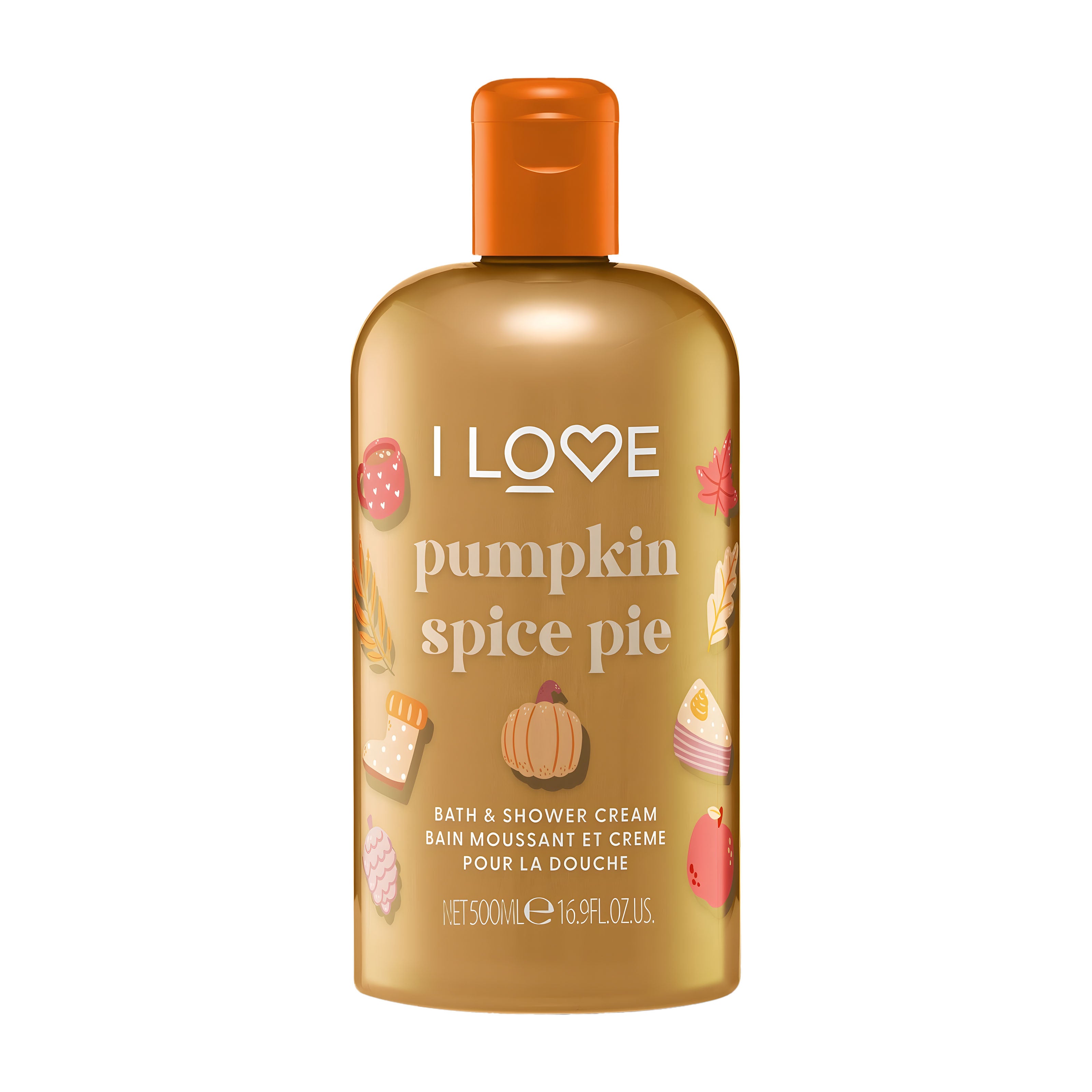 Bottle of I Love Pumpkin Spice Pie bath and shower cream on a white background