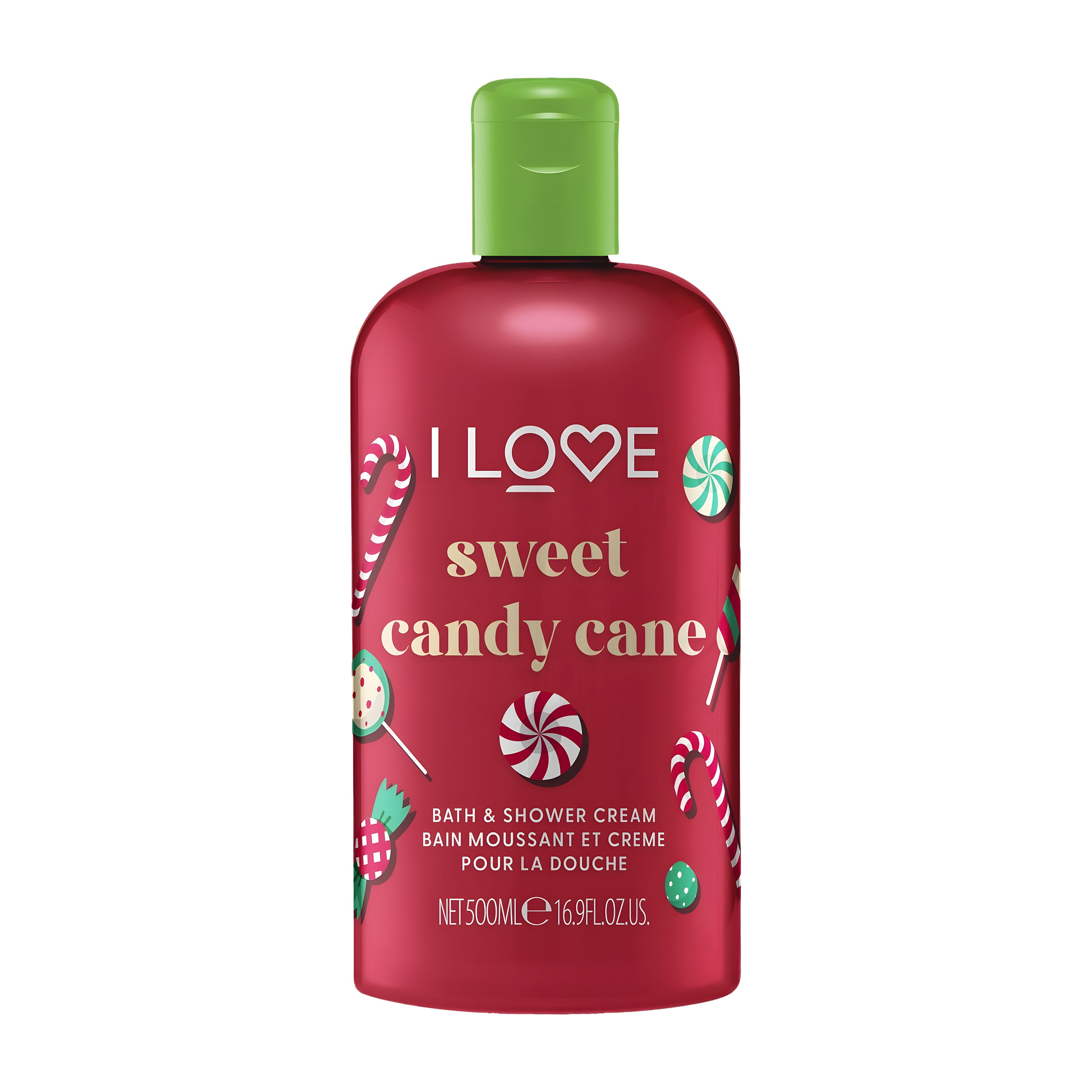 Red bottle of I Love Sweet Candy Cane bath and shower cream with a green cap on a white background.
