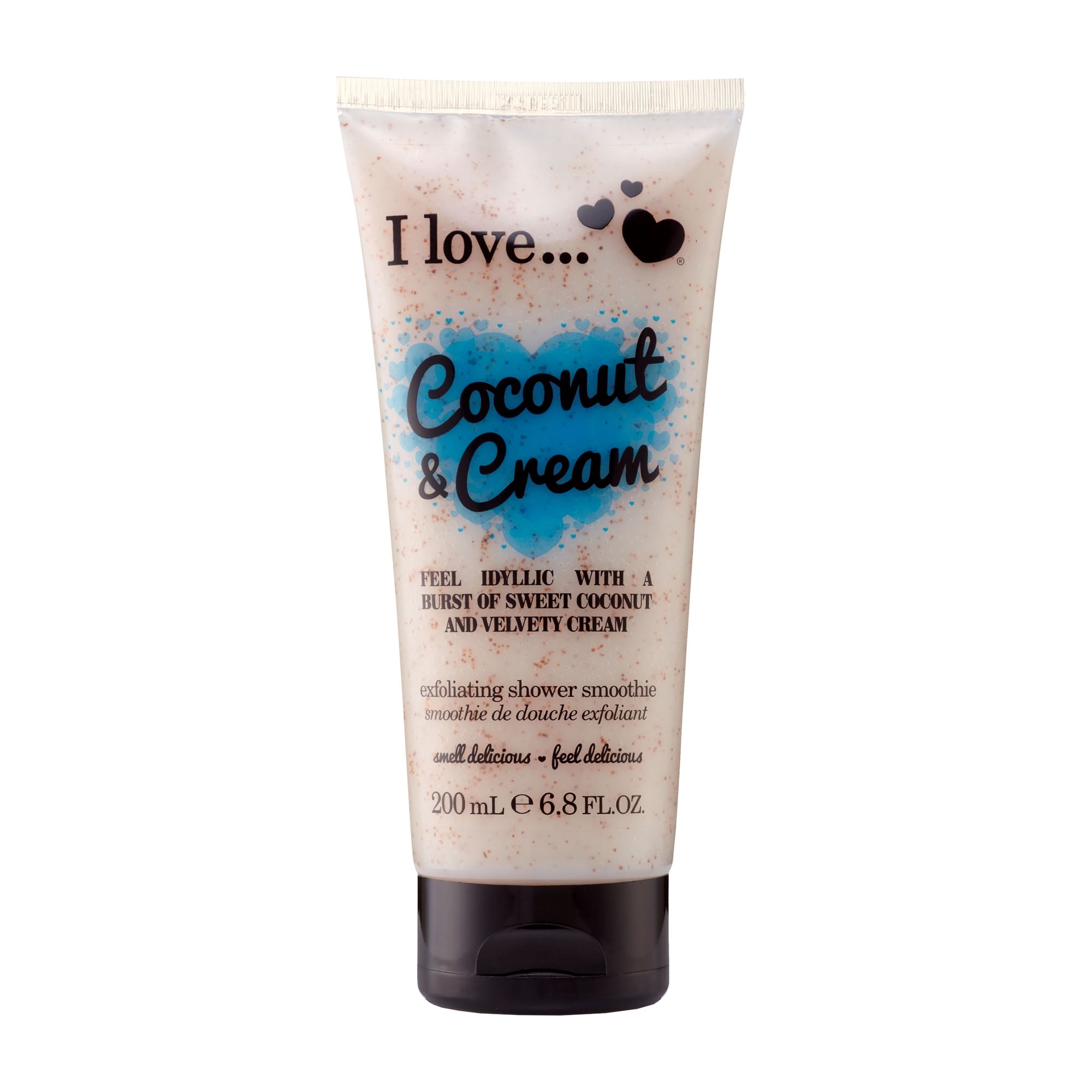 Tube of I love... Coconut & Cream exfoliating shower smoothie on a white background