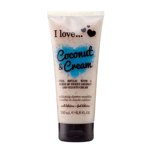 Tube of I love... Coconut & Cream exfoliating shower smoothie on a white background