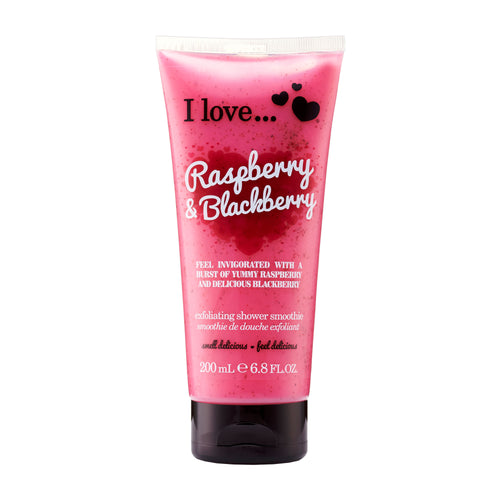 Tube of I LOVE Raspberry & Blackberry exfoliating shower smoothie on a white background