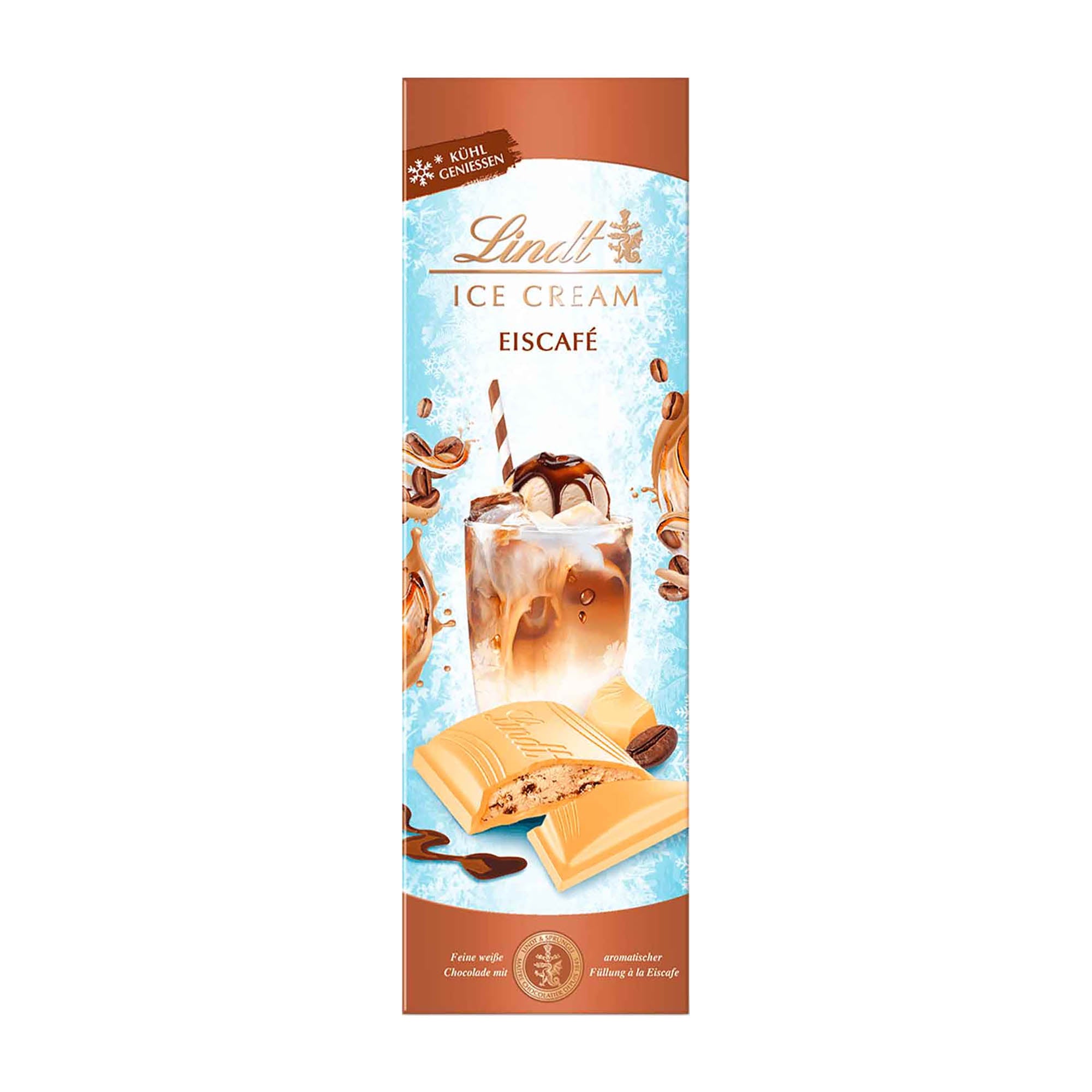 Lindt Ice Cream Ice Coffee white chocolate bar packaging on a white background.
