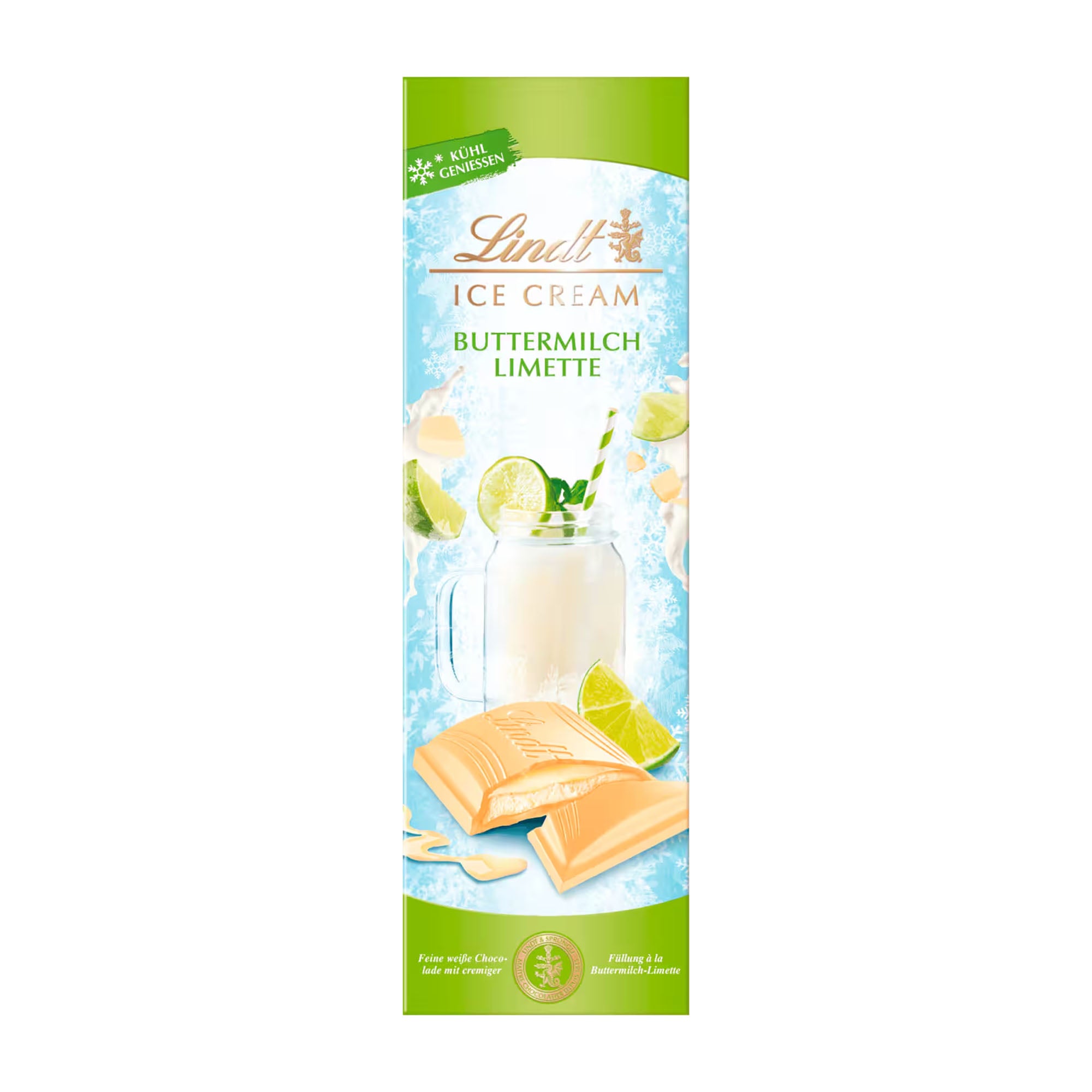 Lindt Ice Cream white chocolate bar packaging with buttermilk and lime flavor on a white background