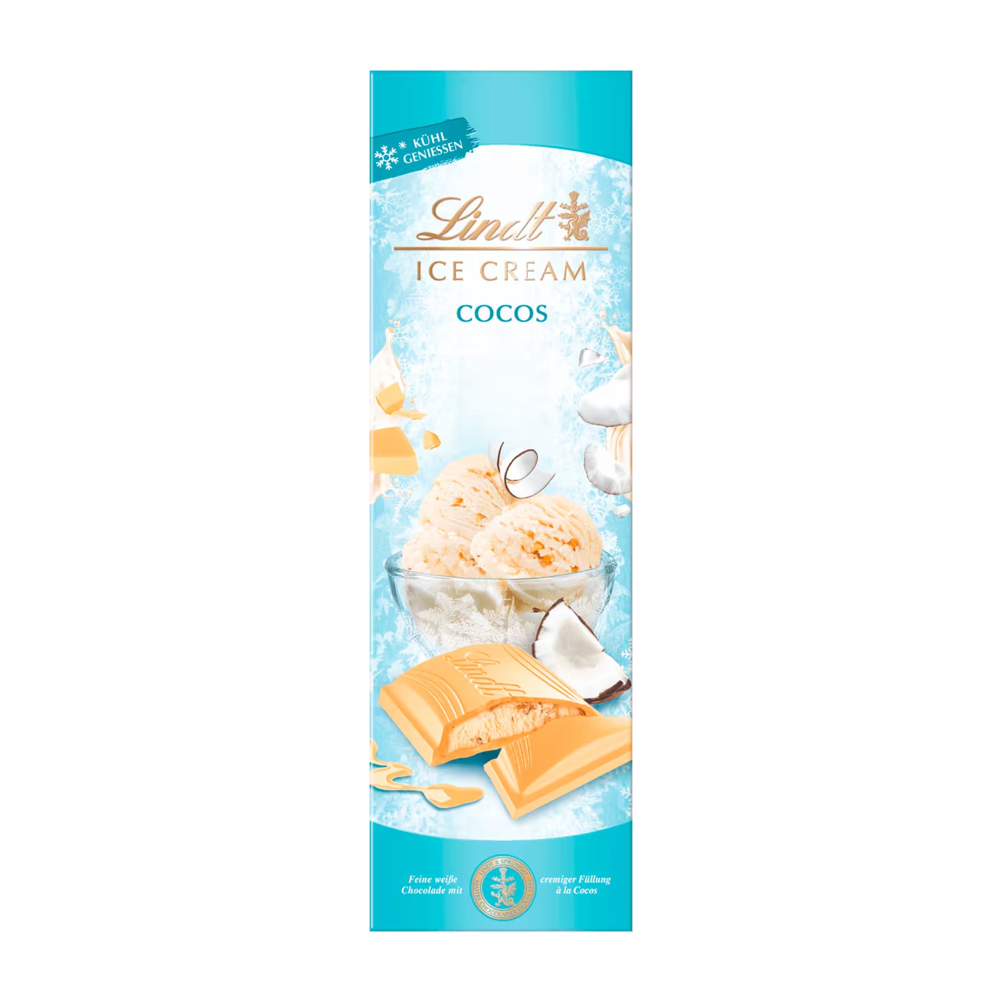 Lindt Ice Cream Coconut packaging with ice cream and coconut pieces on a blue background