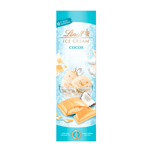 Lindt Ice Cream Coconut packaging with ice cream and coconut pieces on a blue background