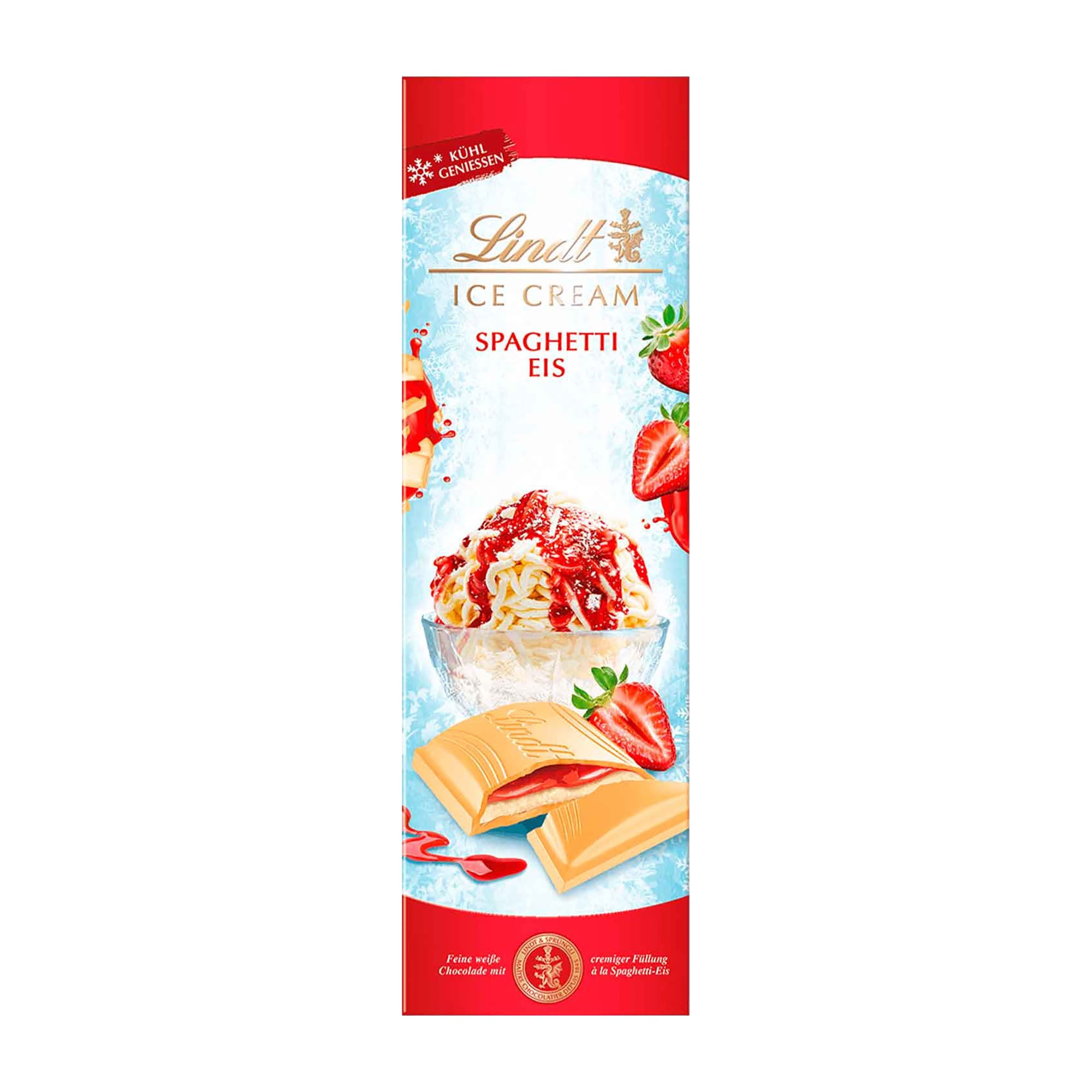 Lindt Ice Cream Spaghetti-Eis white chocolate bar packaging with strawberries on a white background