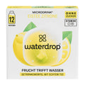 A box of waterdrop Microdrink Ice Tea Lemon hydration cubes containing 12 portions, with a visual depiction of a lemon and tea cup on the front.
