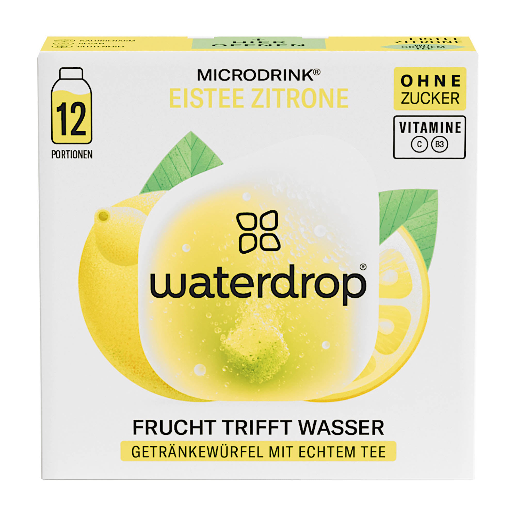 A box of waterdrop Microdrink Ice Tea Lemon hydration cubes containing 12 portions, with a visual depiction of a lemon and tea cup on the front.