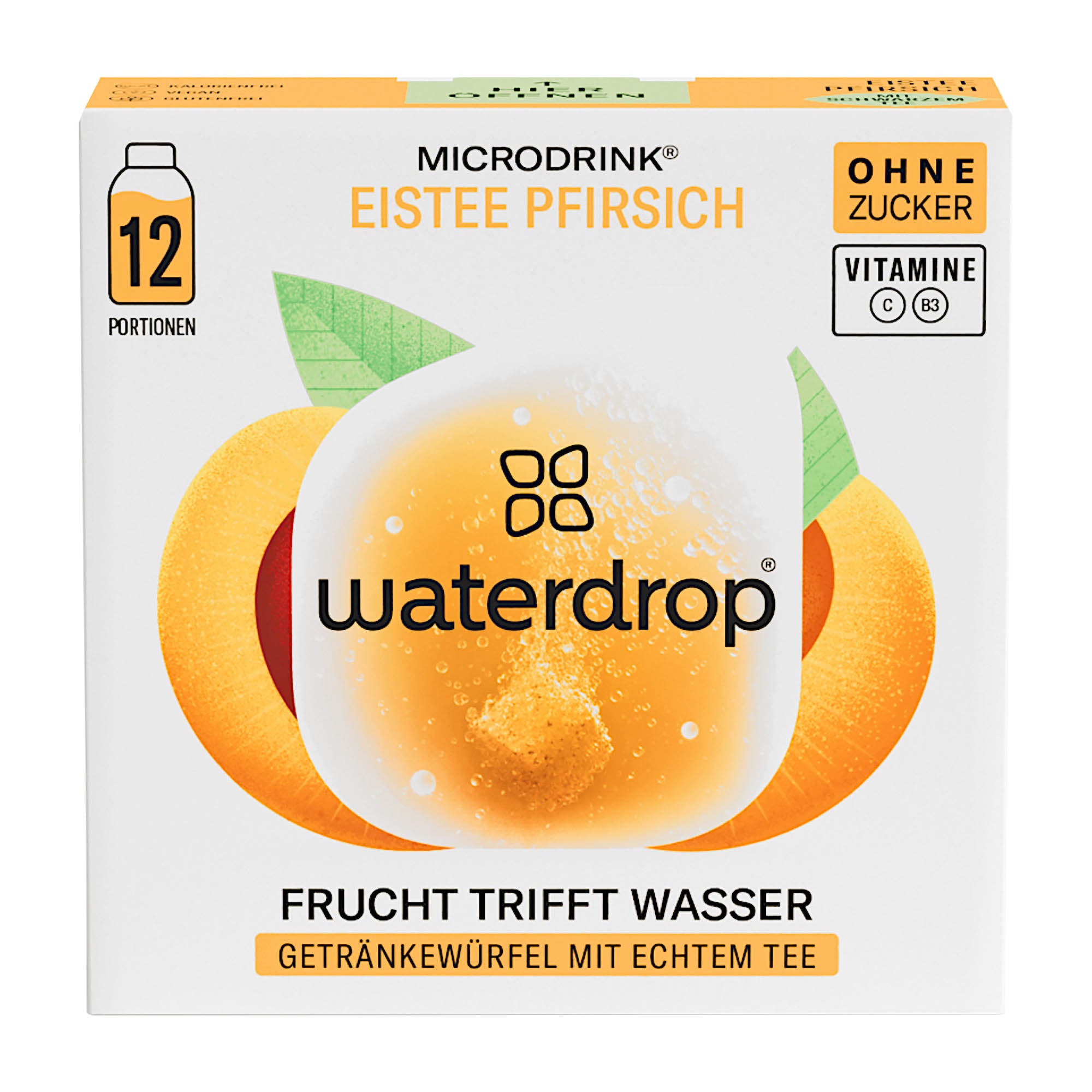 Packaging of waterdrop Microdrink Ice Tea Peach hydration cubes featuring an image of a peach and a glass of water, indicating the flavor and portions per serving.