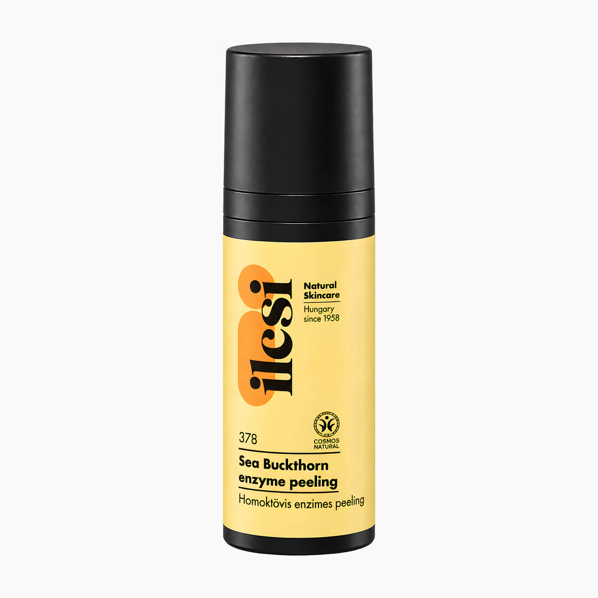 A bottle of Ilcsi Sea Buckthorn Enzyme Peeling with a yellow label and a black cap, shown on a light gray background.