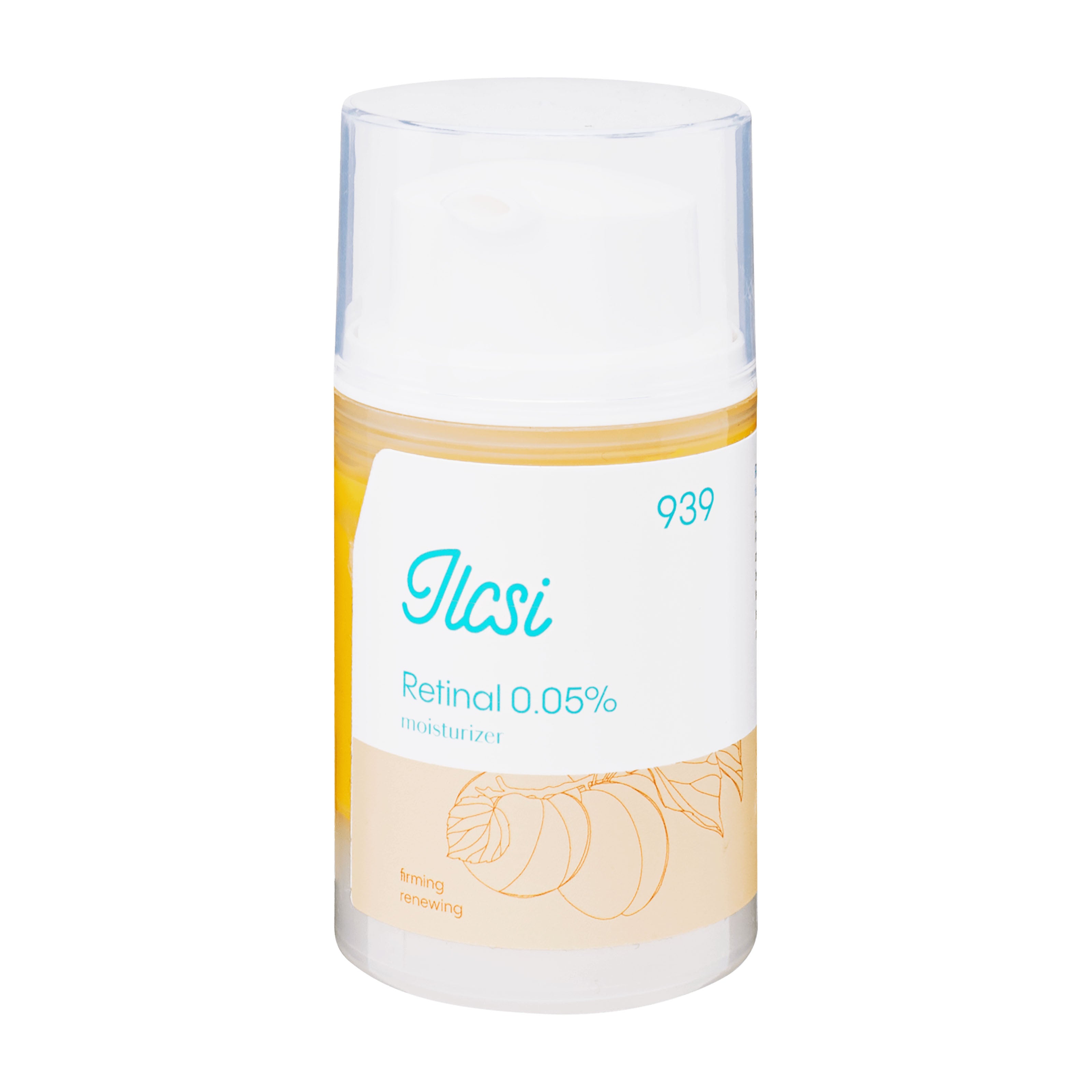 Retinal 0.05% moisturizer pump bottle with 'Ilcsi' branding on a white background