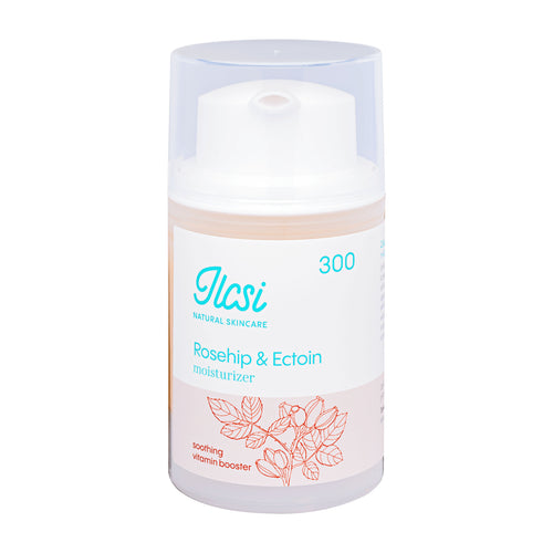 Pump bottle of Ilcsi Rosehip & Ectoin moisturizer on a white background