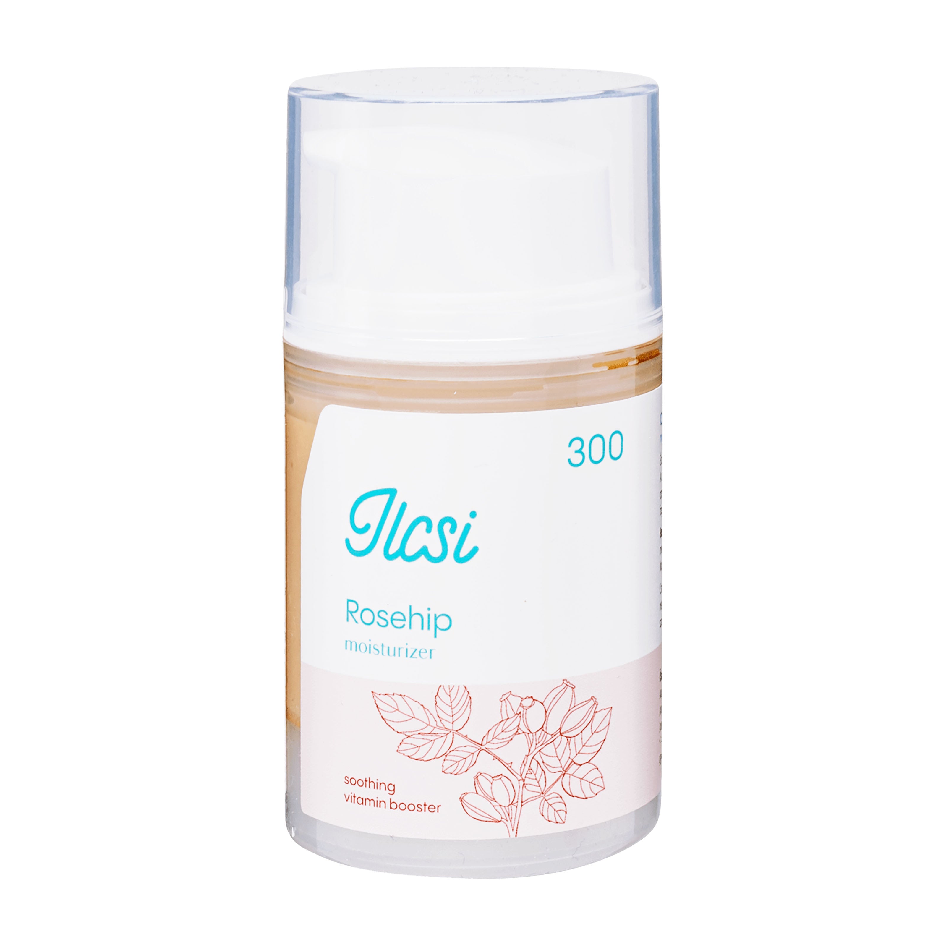 Rosehip moisturizer pump bottle with 'Ilcsi' branding on a white background